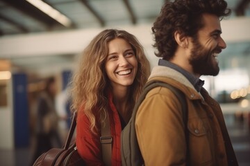Fototapeta premium girl and man with suitcases at the airport. travel concept. generative ai.
