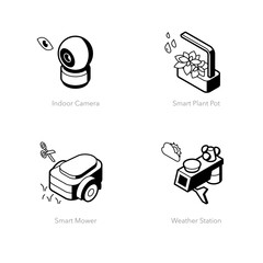 Simple set of smart home icons. Contains such symbols as Indoor camera, Smart plant pot, Smart mower, Weather station.
