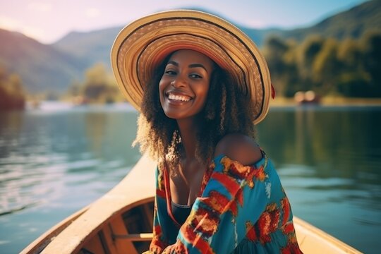 a girl in a hat on a canoe floats on the river. the concept of travel. generative ai.