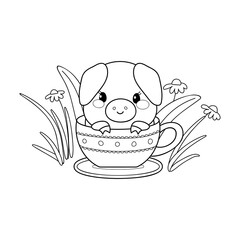 cute piggy in the cup vector illustration for coloring page