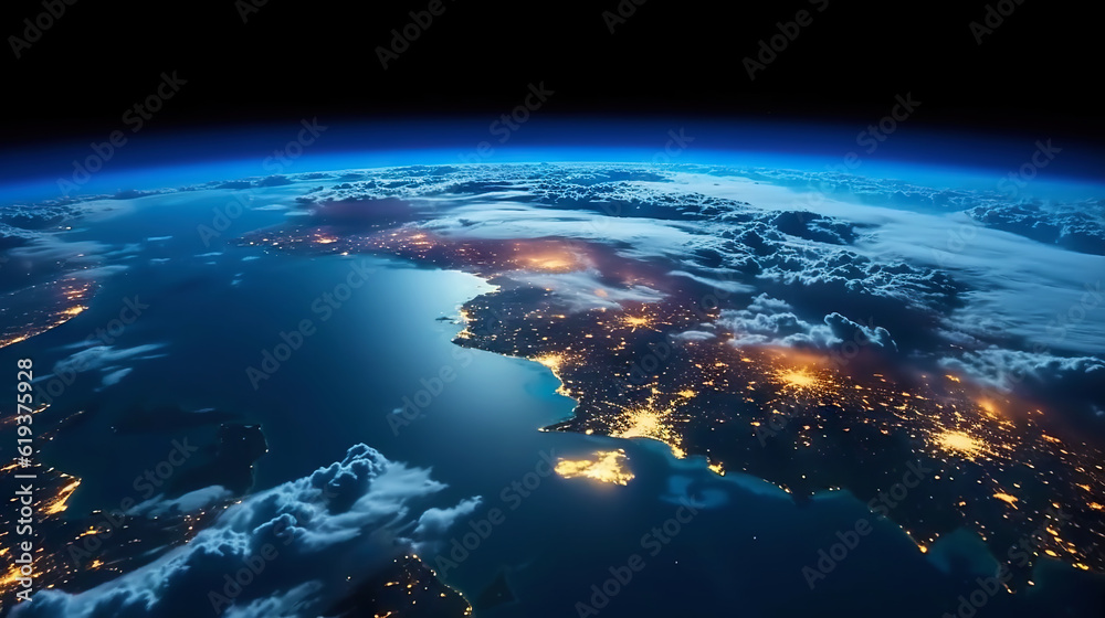 Wall mural panoramic view on planet earth globe from space. glowing city lights, light clouds. generative ai