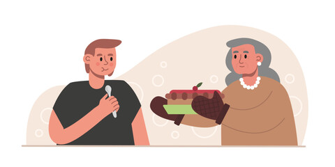 Grandmother cooked cake for grandson. Concept of happy retirement. Time for seniors hobbies. Positive seniors spending time indoors. Vector flat illustration in brown colors