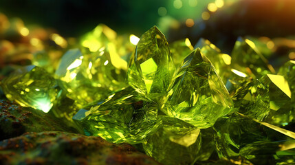 Fototapeta na wymiar Amazing bright and shiny Olivine crystal cluster background. Jewel mineral detailed macro. Generative AI