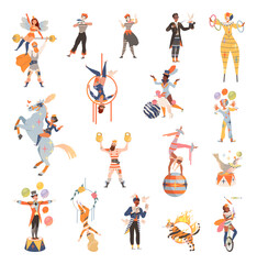 Circus Artist Character with Clown, Strongman and Acrobat Balancing Performing on Stage or Arena Big Vector Set © Happypictures