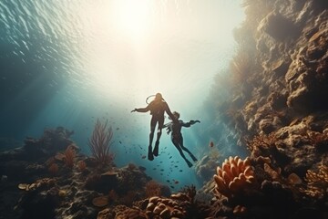 a man and a woman are swimming underwater in the ocean. travel concept. generative ai.