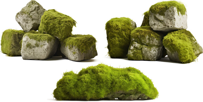 PNG mossy rocks, collection of overgrown stones isolated,