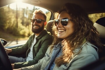 a man and a woman go on a trip in a car. having fun. smiling. travel concept. generative ai.