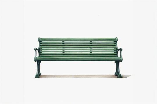Banc public vert en bois et m&eacute;tal,  dessin sur fond blanc fa&ccedil;on aquarelle, illustration ia g&eacute;n&eacute;rative 