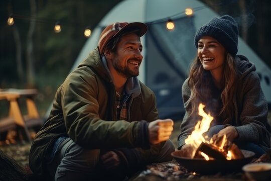 a man and a woman are sitting near a campfire and a tent in nature. having fun. smiling. travel concept. generative ai.
