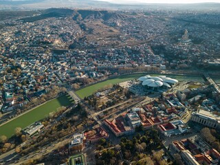 Drone shot of the House of Justice and other buildings in Tbilisi, Georgia