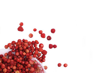 Fragaria berries, wild strawberry in a plate isolated on white top view