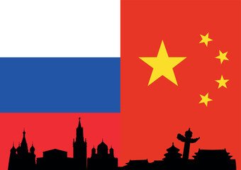 The landmarks of Russia and China on the flags background, the design pattern for the relations of these countries 