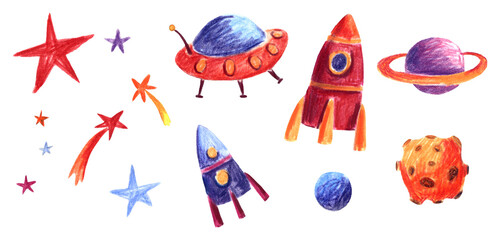 Spaceships, rockets, moon, Saturn, comet, stars, planets,  UFO. Kids drawing style astronomy. © elena