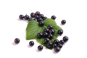 black currant berries isolated on white top view, leaf