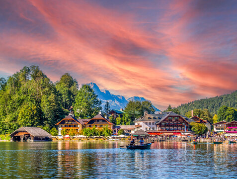 Panoramic view over the Koenigssee in the Berchtesgaden Alps