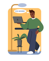 Happy American man holding laptop and walking in office. Open space for different workers. Shared working environment and open space office. Flat illustration in blue and yellow colors