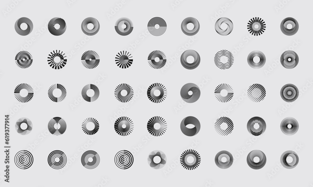 Poster Set Of Cool Abstract Geometric Circle Patterns Vector Design. Trendy Round Modern Halftone Optical Illusion Round Shapes.