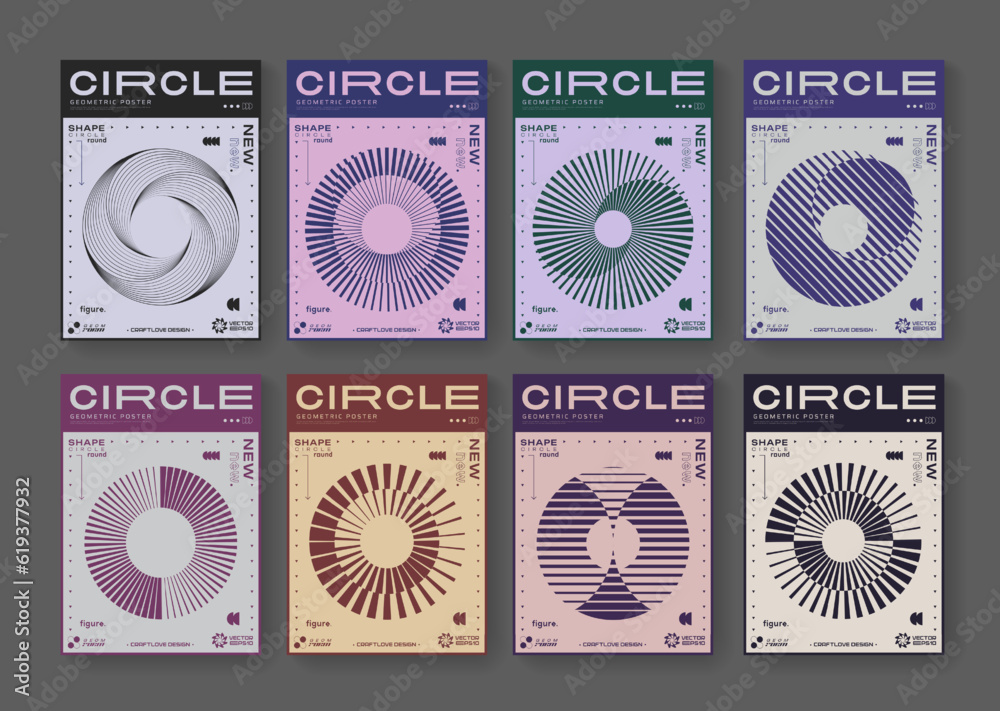 Poster set of cool abstract geometric posters. optical illusion circle shape element. rave acid graphic des