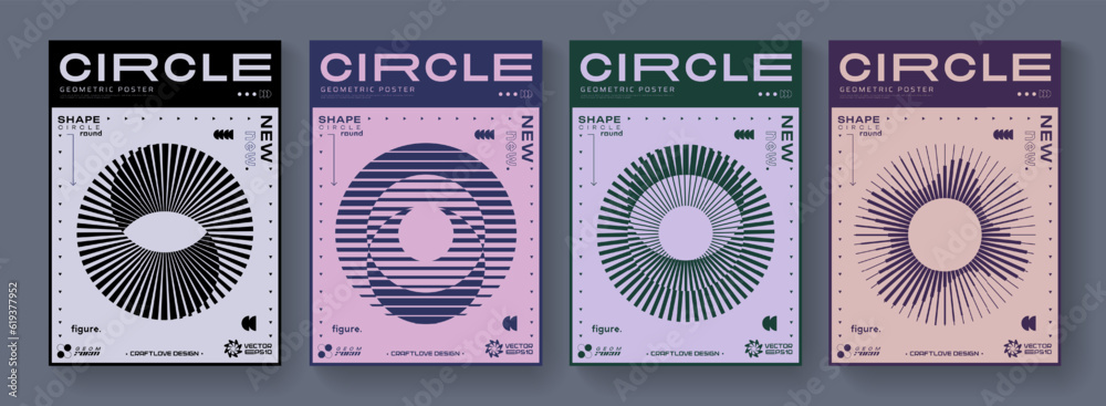 Poster set of cool abstract geometric posters. optical illusion circle shape element. rave acid graphic des