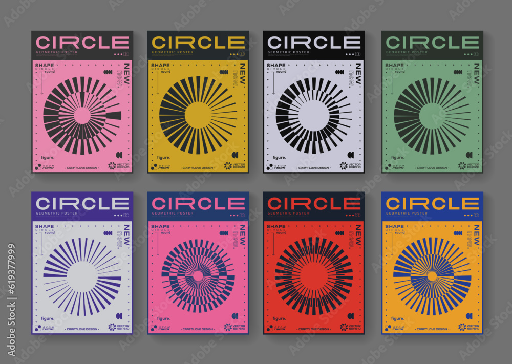 Aufkleber Set Of Cool Abstract Geometric Posters. Optical Illusion Circle Shape Element. Rave Acid Graphic Design. Swiss Design Retro Placard.