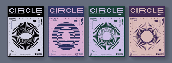 Set Of Cool Abstract Geometric Posters. Optical Illusion Circle Shape Element. Rave Acid Graphic Design. Swiss Design Retro Placard.