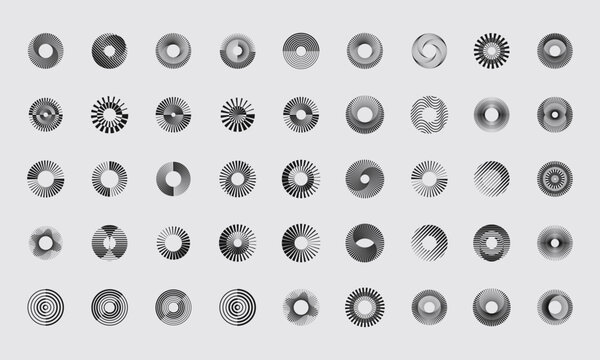 Set Of Cool Abstract Geometric Circle Patterns Vector Design. Trendy Round Modern Halftone Optical Illusion Round Shapes.