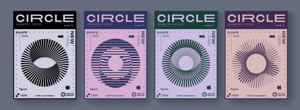 Set Of Cool Abstract Geometric Posters. Optical Illusion Circle Shape Element. Rave Acid Graphic Design. Swiss Design Retro Placard.