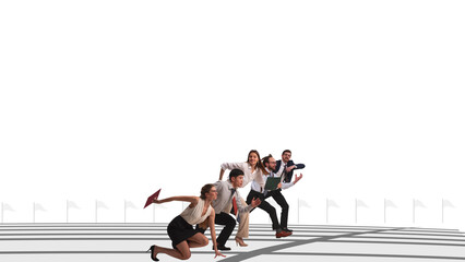 Creative conceptual collage. Professional challenges and competition. Employees standing on starting line, moving to success and promotion. Business, office lifestyle, employment, occupation concept