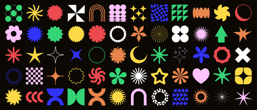 Brutalist Shapes, Cool Geometric Forms. Bauhaus Minimalist Graphic Design Elements. Trendy Y2K Vector Signs. Simple Star and Flower Basic Shapes.