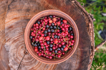 A plate of fresh various berries on a wooden background