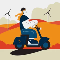 Foto op Plexiglas Female in helmet sitting on scooter near wind turbines. Concept of reducing world energy consumption. Usage of green vehicles. Vector flat illustration in orange colors © ANDRII