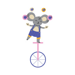 Circus Grey Mouse Animal Ride Unicycle and Juggling Balls Vector Illustration