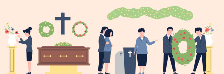 Funeral service office and cemetery workers. Coffin and memorial wreaths, sad family in mourning. Burial things and tombstones, recent vector scene