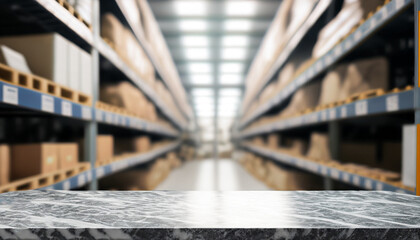 table top of marble stone on blur background. Perspective inside of warehouse with aisle pallet on...