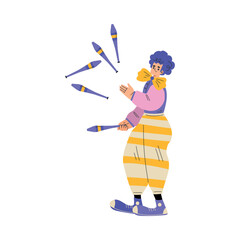 Man Clown in Flamboyant Costume Juggling Pins as Circus Artist Character Vector Illustration