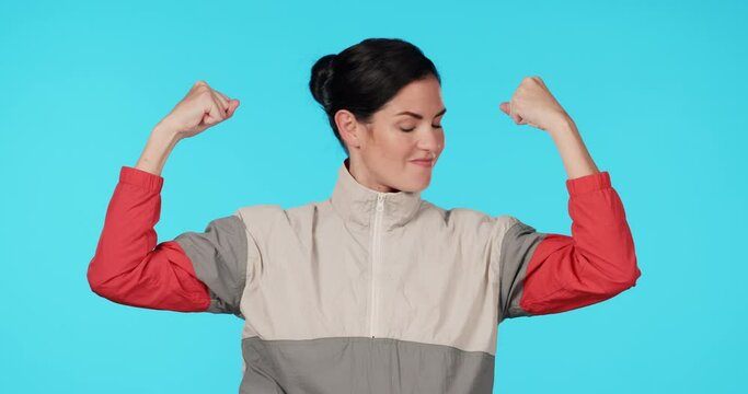 Fitness, arm or studio woman flex muscle growth progress, exercise goals or gym club results. Biceps, strength workout or strong athlete, person or bodybuilder satisfied with power on blue background