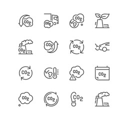 Set of CO2 related icons, green production, earth, emission levels and linear variety vectors.