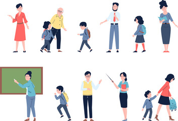 Fototapeta premium Back to school go children with backpack and parents. Teachers and students flat characters, young pupil and study. Recent education vector set
