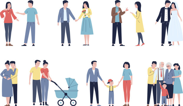 Cartoon family stages characters. Student couple, parents with child and pram. Marriage, friendship and relationship step by step recent vector set