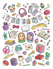 Set of stickers Friends and Friendship. Girls Design Elements. Vector colored Illustration - 619378935
