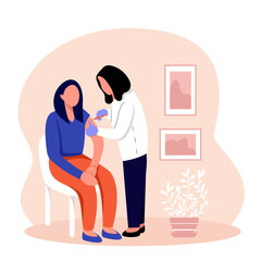 Doctor in medical coat makes an inoculation to female patient. Human clinical trials vaccination shot. Giving vaccination for people. Vector flat illustration in red and blue colors
