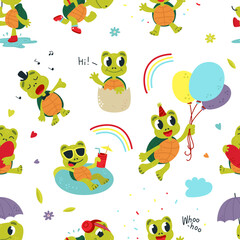 Turtle seamless pattern. Green comic turtles fabric print. Decorative printable template with cute animals. Children animal characters classy vector background