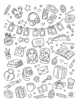 Set Of Elements Friends And Friendship. Girls Design Coloring Template. Vector Black And White Illustration