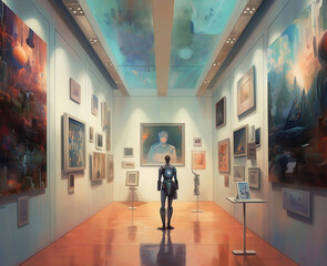 Robot in between digital AI art installations - Pictures and creative expression in a modern museum