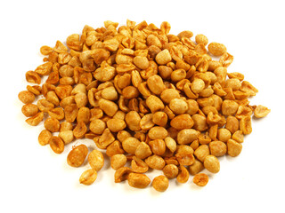 Spicy peeled Peanuts with red Pepper isolated on white Background