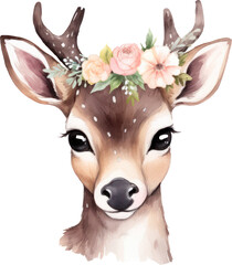 Cute deer and flowers watercolor illustration. Generative AI