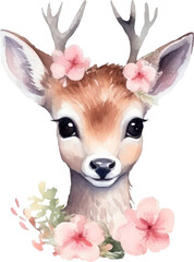 Cute deer and flowers watercolor illustration. Generative AI