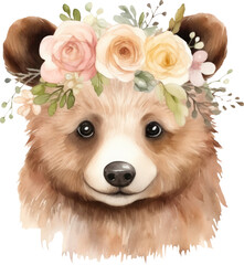 Fototapeta na wymiar Cute bear and flowers watercolor illustration. Generative AI