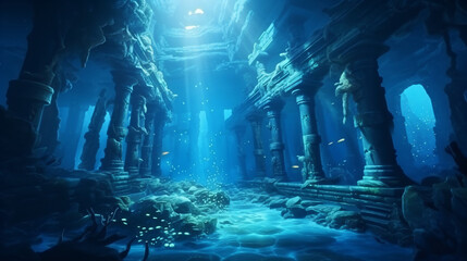 atlantis underwater scene, magic blue ocean with ancient temple ruins, deep blue sea with mysterious lights, generative ai
