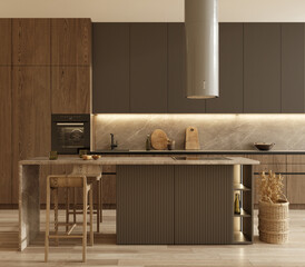 Minimal modern dark wooden kitchen. Interior design apartment with scandinavian style. Brown color kitchen island. 3d rendering illustration